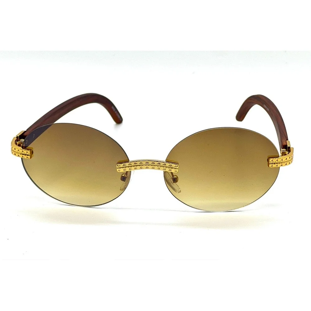 Rimless Sunglasses Men Round Gold Accents Brown Lens Wood Grain Arms Fashion New